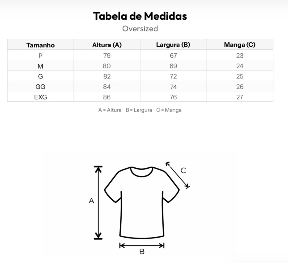 Medidas das Camisetas